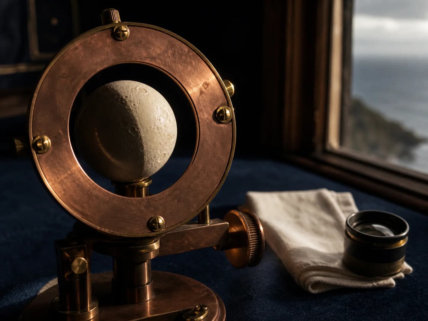 Physical lunar phase wheel with a photographed Moon and engraved angle scale