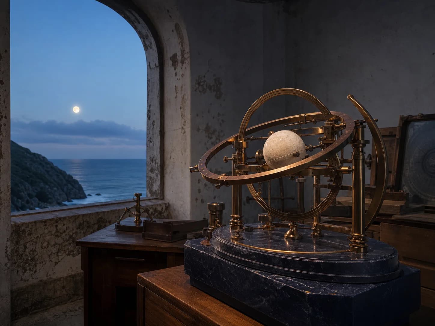 Brass lunar instrument and Moon observation monitor in a dark coastal observatory